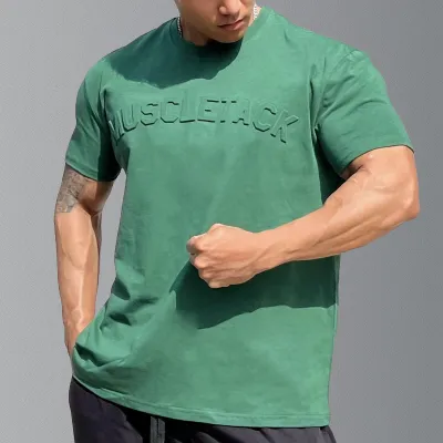 Men Fashion Casual Solid Color Alphabet Short Sleeve Round Neck T-Shirt