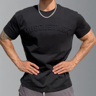 Men Fashion Casual Solid Color Alphabet Short Sleeve Round Neck T-Shirt