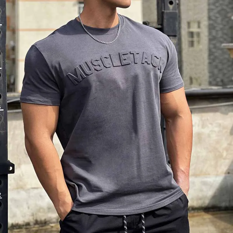 Men Fashion Casual Solid Color Alphabet Short Sleeve Round Neck T-Shirt