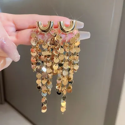 Exaggerated Metal Sequins Tassel U-Shape Light Luxury Fashion Commuter Earrings