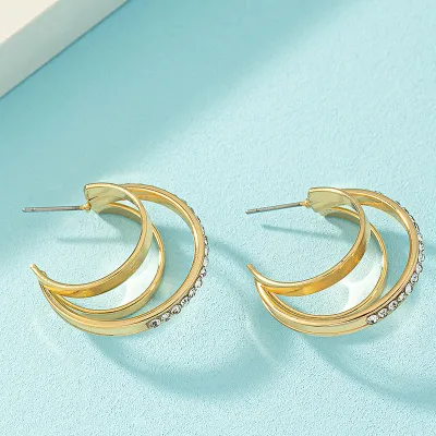 Simple Women's C-Shaped Rhinestone Metal Geometric Earrings