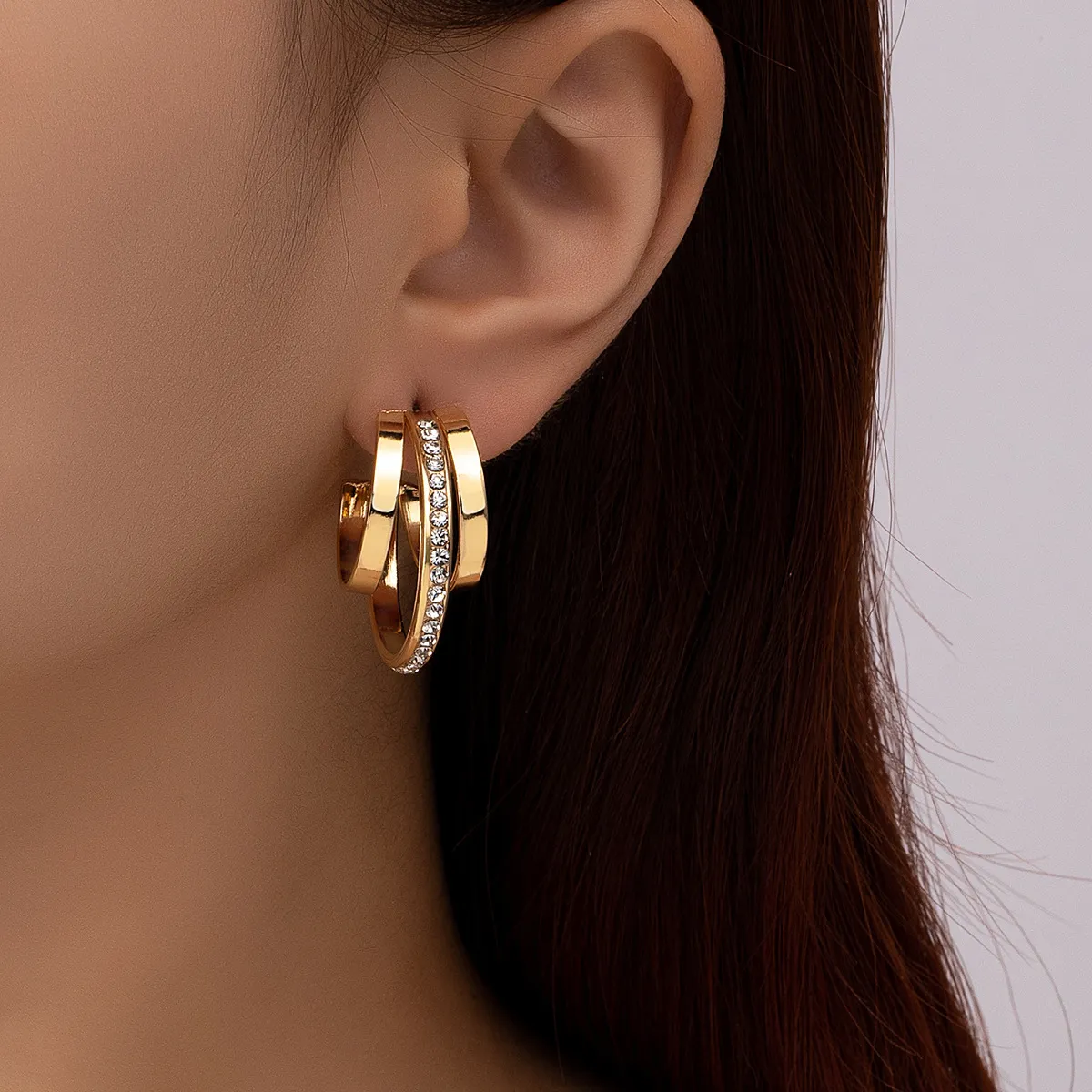 Simple Women's C-Shaped Rhinestone Metal Geometric Earrings