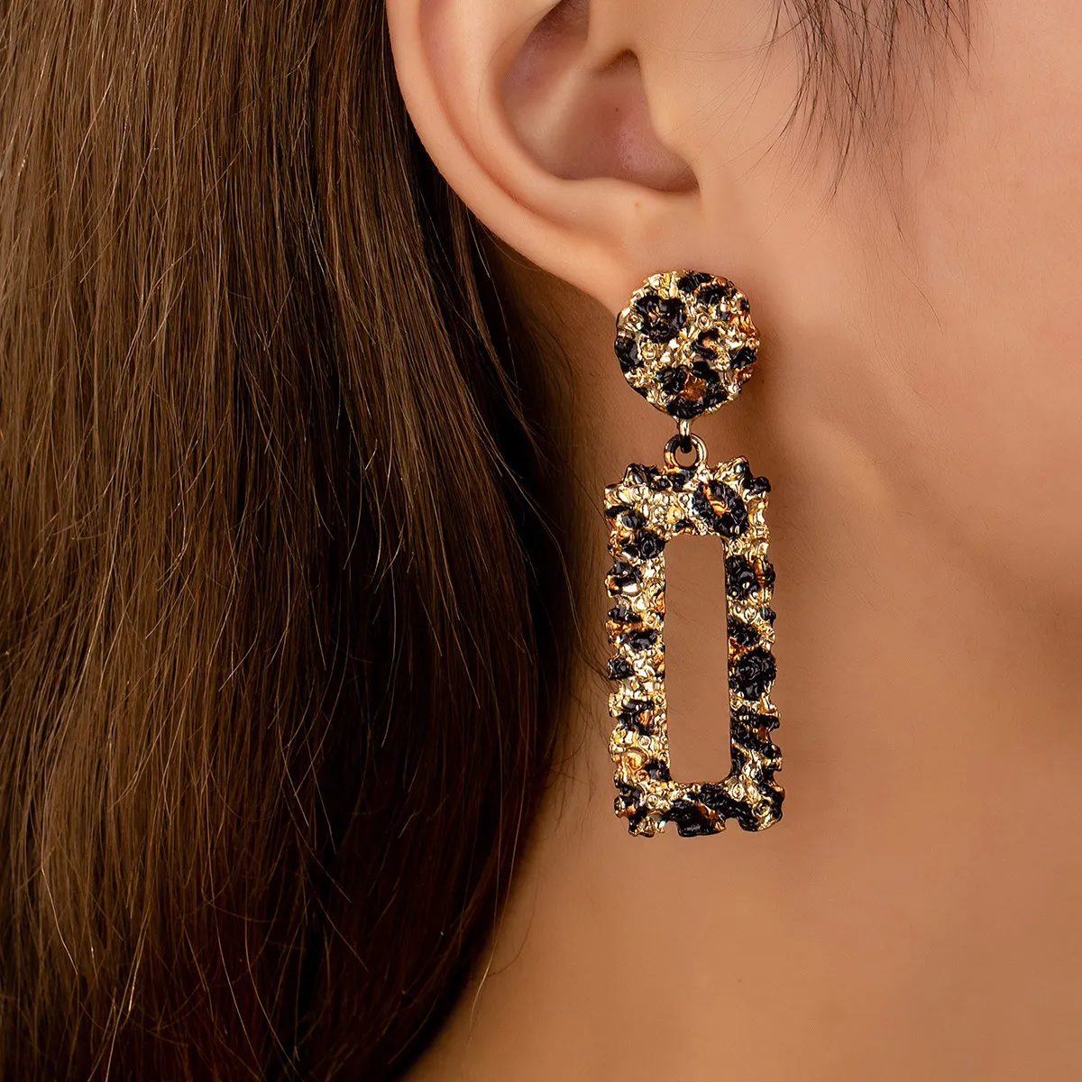 Fashion Geometric Hollow Rectangular Leopard Earrings Zinc Alloy