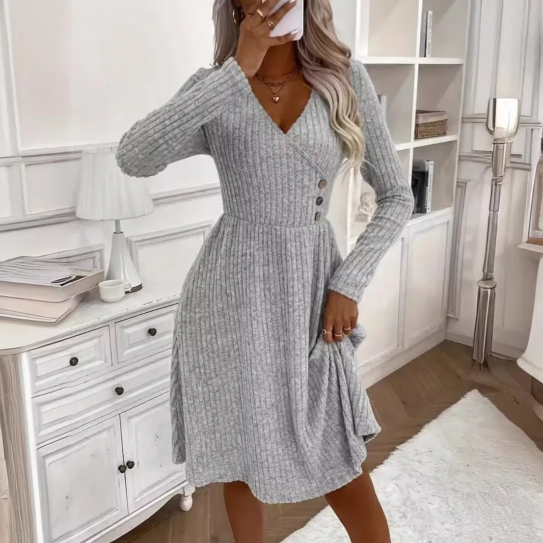 Autumn Winter Women Fashion Solid Color V-Neck Long Sleeve Knitted Midi Dress