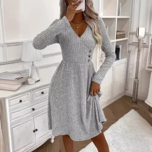 Autumn Winter Women Fashion Solid Color V-Neck Long Sleeve Knitted Midi Dress