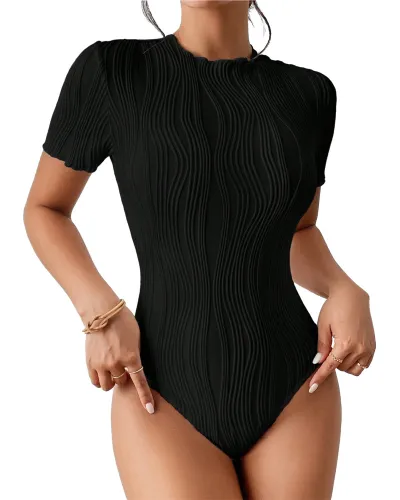 Women Casual Corrugated Round Neck Short Sleeve Bodysuit