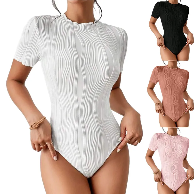 Women Casual Corrugated Round Neck Short Sleeve Bodysuit