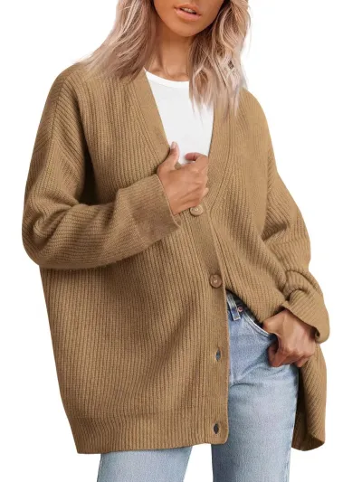 Autumn Winter Women V-Neck Button Cardigan Long Sleeve Knitted Sweater Jacket