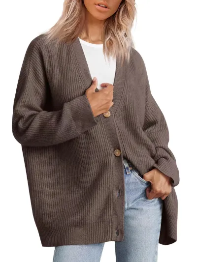 Autumn Winter Women V-Neck Button Cardigan Long Sleeve Knitted Sweater Jacket