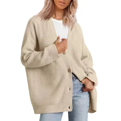 Autumn Winter Women V-Neck Button Cardigan Long Sleeve Knitted Sweater Jacket
