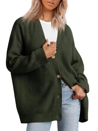 Autumn Winter Women V-Neck Button Cardigan Long Sleeve Knitted Sweater Jacket