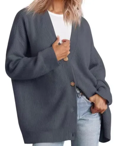 Autumn Winter Women V-Neck Button Cardigan Long Sleeve Knitted Sweater Jacket