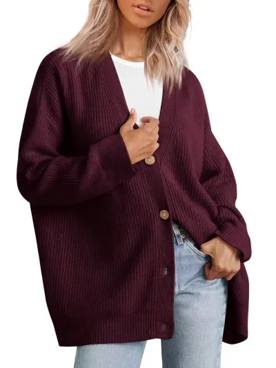 Autumn Winter Women V-Neck Button Cardigan Long Sleeve Knitted Sweater Jacket