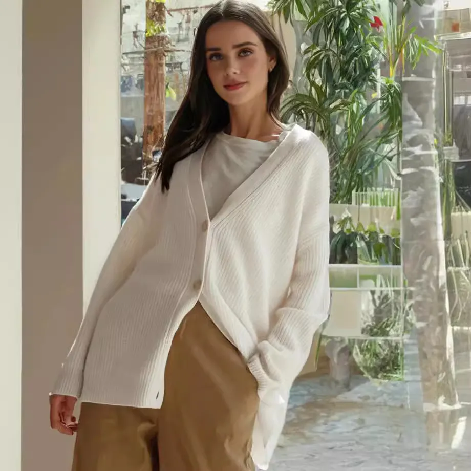 Autumn Winter Women V-Neck Button Cardigan Long Sleeve Knitted Sweater Jacket