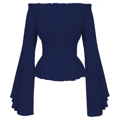 Women Fashion Sexy Solid Color Off Shoulder Long Sleeve Blouse
