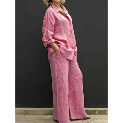 Women Casual Plus Size Solid Color Long Sleeve Shirt Wide Leg Pants Two-Piece Set