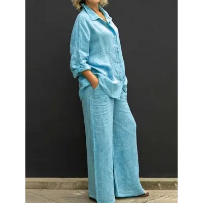 Women Casual Plus Size Solid Color Long Sleeve Shirt Wide Leg Pants Two-Piece Set