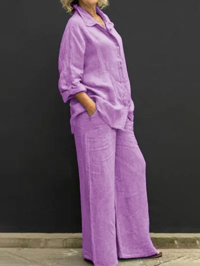 Women Casual Plus Size Solid Color Long Sleeve Shirt Wide Leg Pants Two-Piece Set