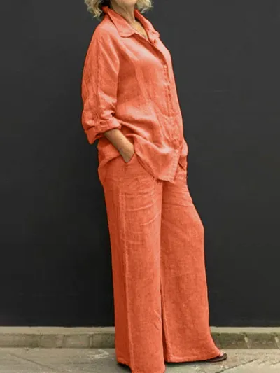 Women Casual Plus Size Solid Color Long Sleeve Shirt Wide Leg Pants Two-Piece Set