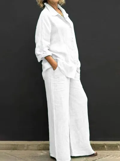 Women Casual Plus Size Solid Color Long Sleeve Shirt Wide Leg Pants Two-Piece Set