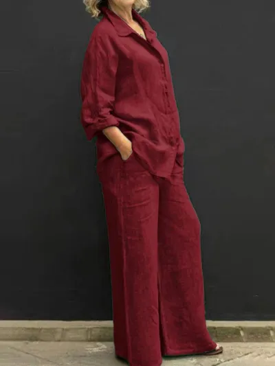 Women Casual Plus Size Solid Color Long Sleeve Shirt Wide Leg Pants Two-Piece Set