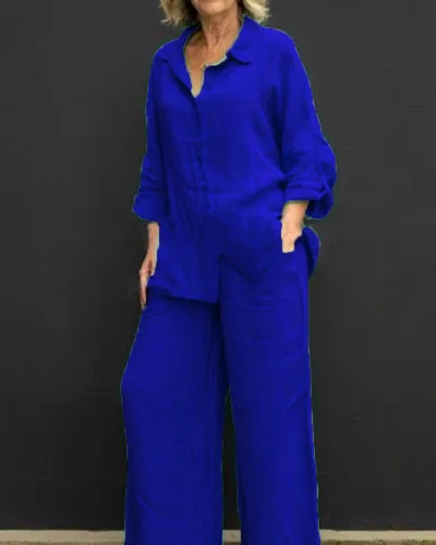 Women Casual Plus Size Solid Color Long Sleeve Shirt Wide Leg Pants Two-Piece Set