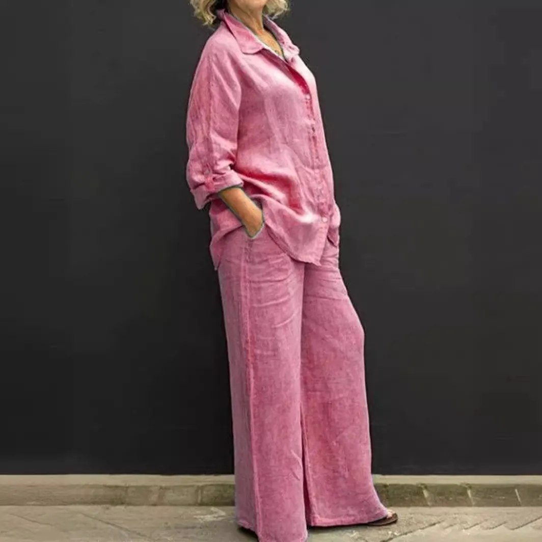 Women Casual Plus Size Solid Color Long Sleeve Shirt Wide Leg Pants Two-Piece Set