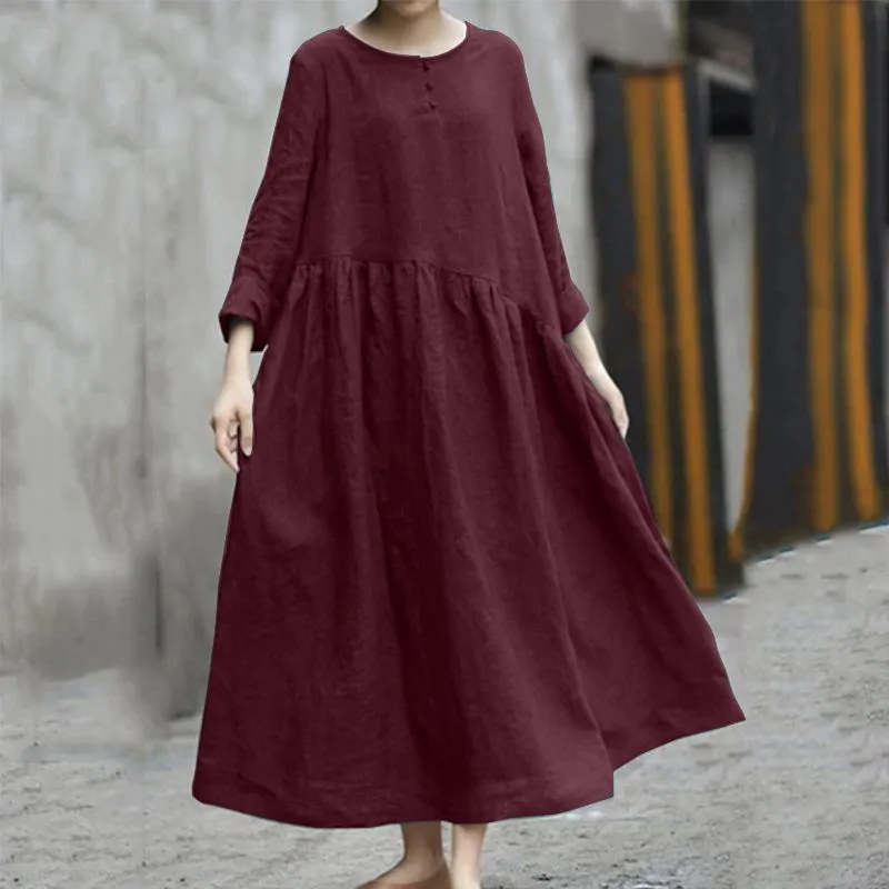 Women Casual Loose Plus Size Solid Color Round Neck Pocket Long Sleeve Dress