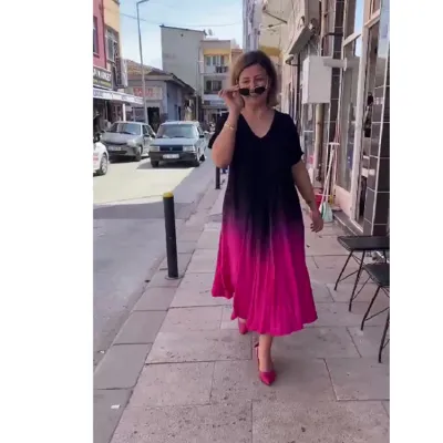 Summer Women Casual Loose Plus Size V-Neck Gradient Short-Sleeved Midi Dress