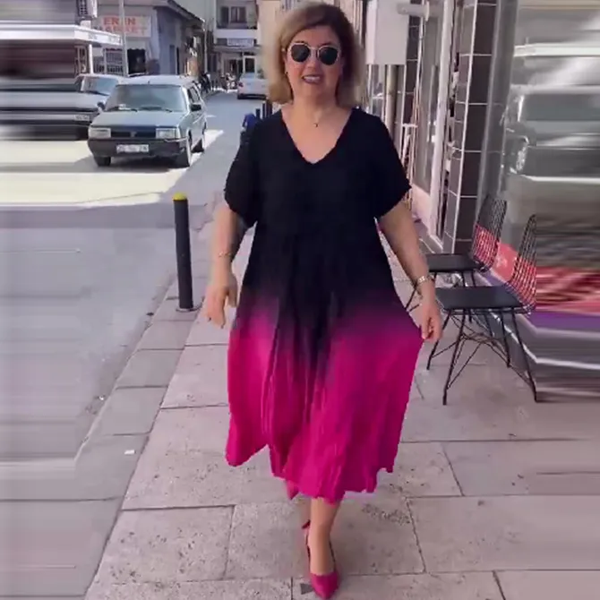 Summer Women Casual Loose Plus Size V-Neck Gradient Short-Sleeved Midi Dress