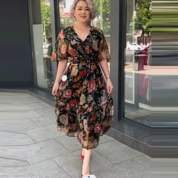 Women Casual Plus Size V-Neck Floral Printed Midi Dress