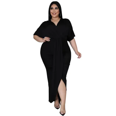 Fashion Plus Size Women Sexy Irregular Slit V-Neck Dress
