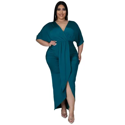 Fashion Plus Size Women Sexy Irregular Slit V-Neck Dress