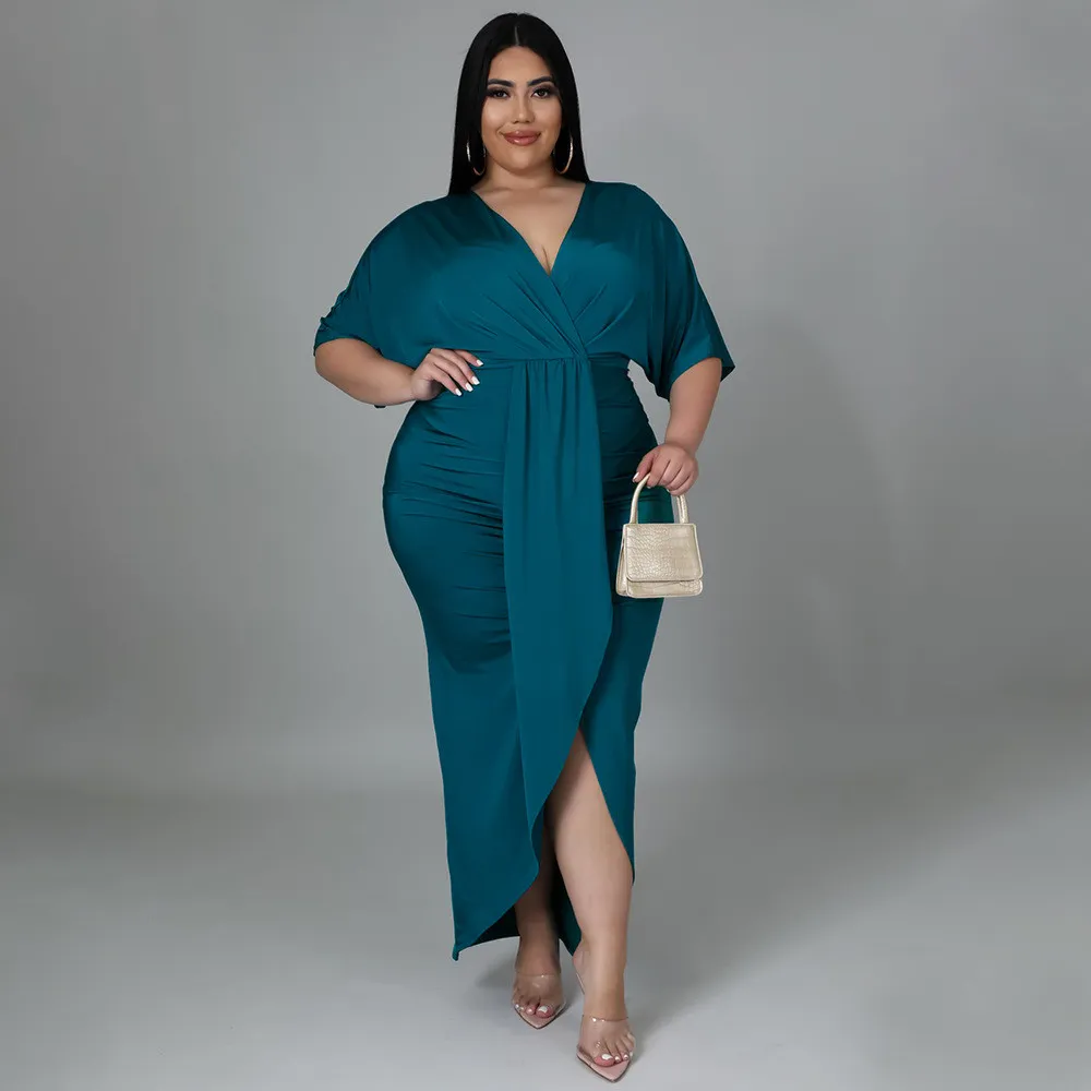Fashion Plus Size Women Sexy Irregular Slit V-Neck Dress