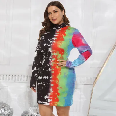 Vestido de manga larga con estampado tie-dye para mujer, talla grande