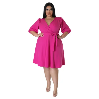 Women Plus Size Commuter Wind V-Neck Half Sleeve Dress