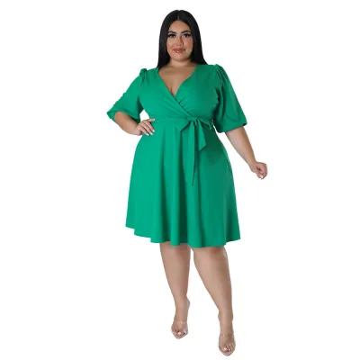 Women Plus Size Commuter Wind V-Neck Half Sleeve Dress