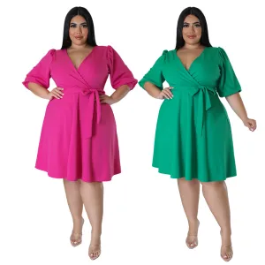 Women Plus Size Commuter Wind V-Neck Half Sleeve Dress