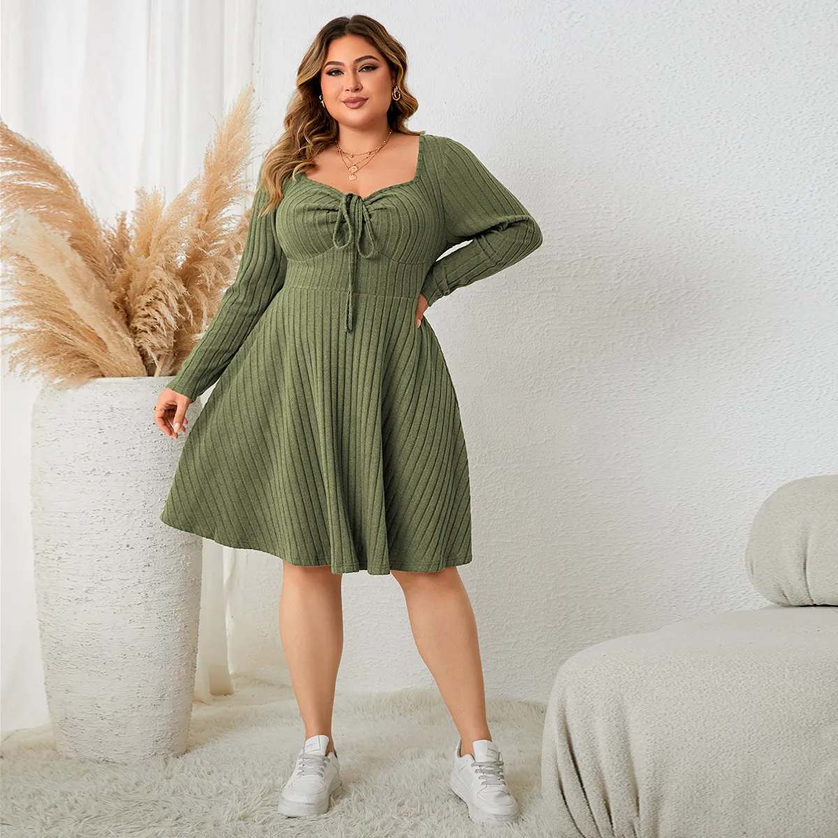 Women Plus Size Elegant Square Collar Long Sleeve Dress
