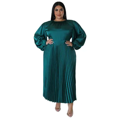 Plus Size Women Solid Color Pleated Lantern Sleeve Round Neck Long Sleeve Dress