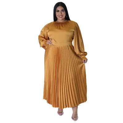 Plus Size Women Solid Color Pleated Lantern Sleeve Round Neck Long Sleeve Dress