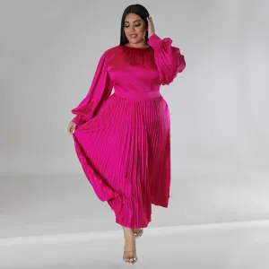 Plus Size Women Solid Color Pleated Lantern Sleeve Round Neck Long Sleeve Dress
