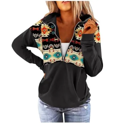 Women Fashion Geometric Print Half Zip Long Sleeve Pullover Sweatshirt