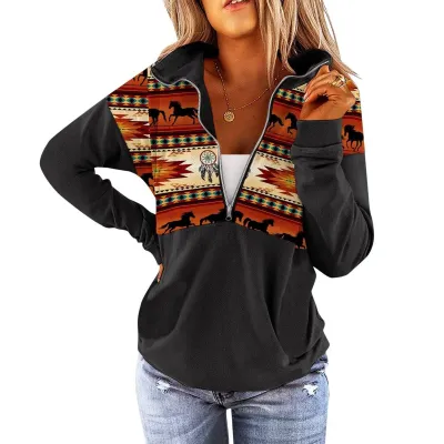 Women Fashion Geometric Print Half Zip Long Sleeve Pullover Sweatshirt