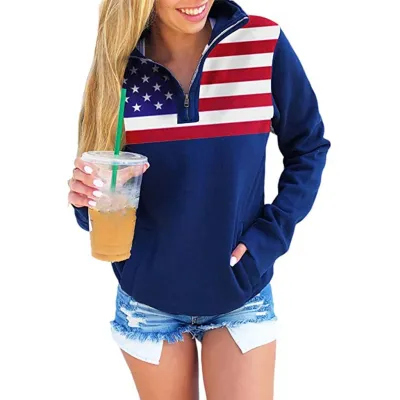 Women Fashion Geometric Print Half Zip Long Sleeve Pullover Sweatshirt