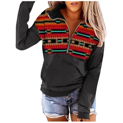Women Fashion Geometric Print Half Zip Long Sleeve Pullover Sweatshirt