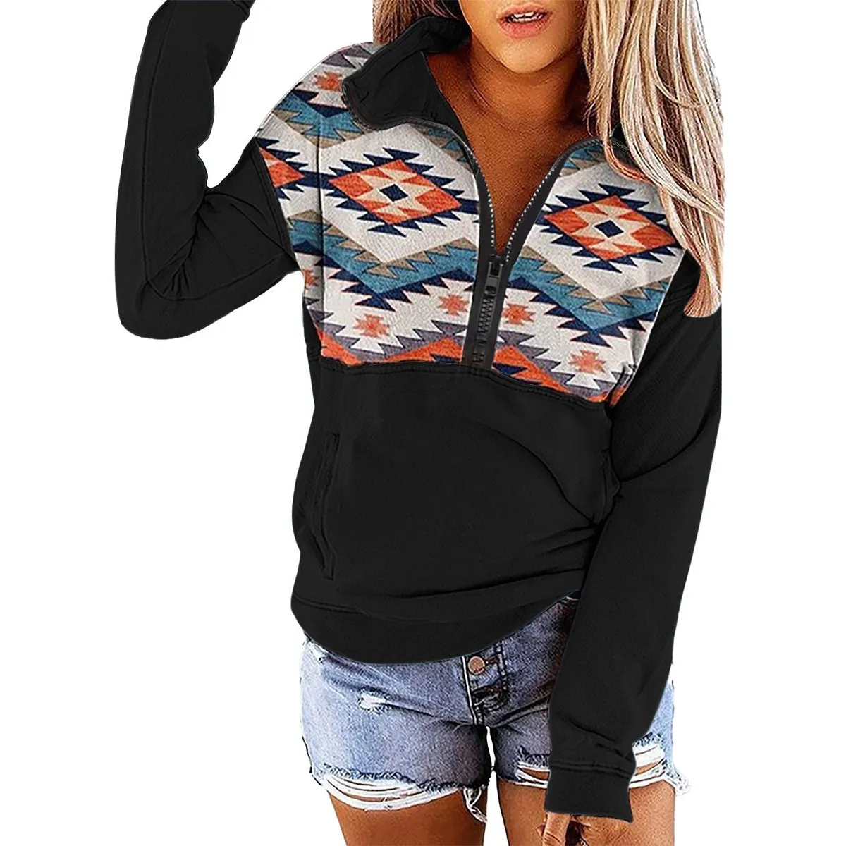 Women Fashion Geometric Print Half Zip Long Sleeve Pullover Sweatshirt