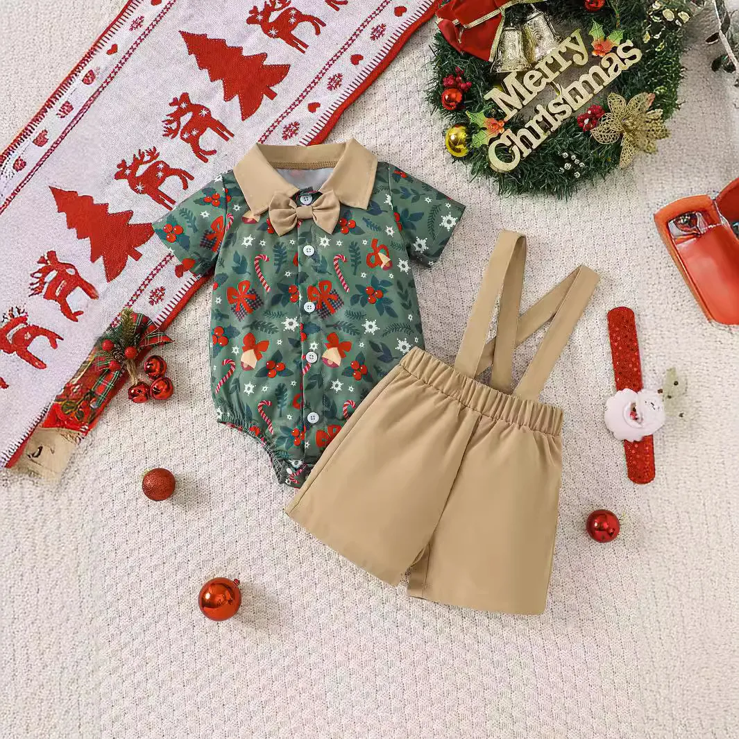 Kids Baby Boys Casual Cute Christmas Print Short Sleeve Lapel Romper Pants Set