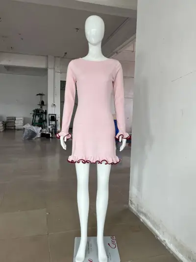 Summer Women Fashion Solid Color Wood Ear Hem Knitted Long Sleeve Tight Dress