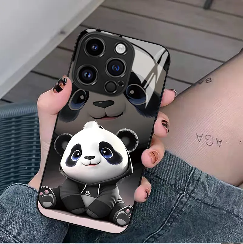 Women Cartoon Cute Panda Glass Apple Mobile Phone Protective Case